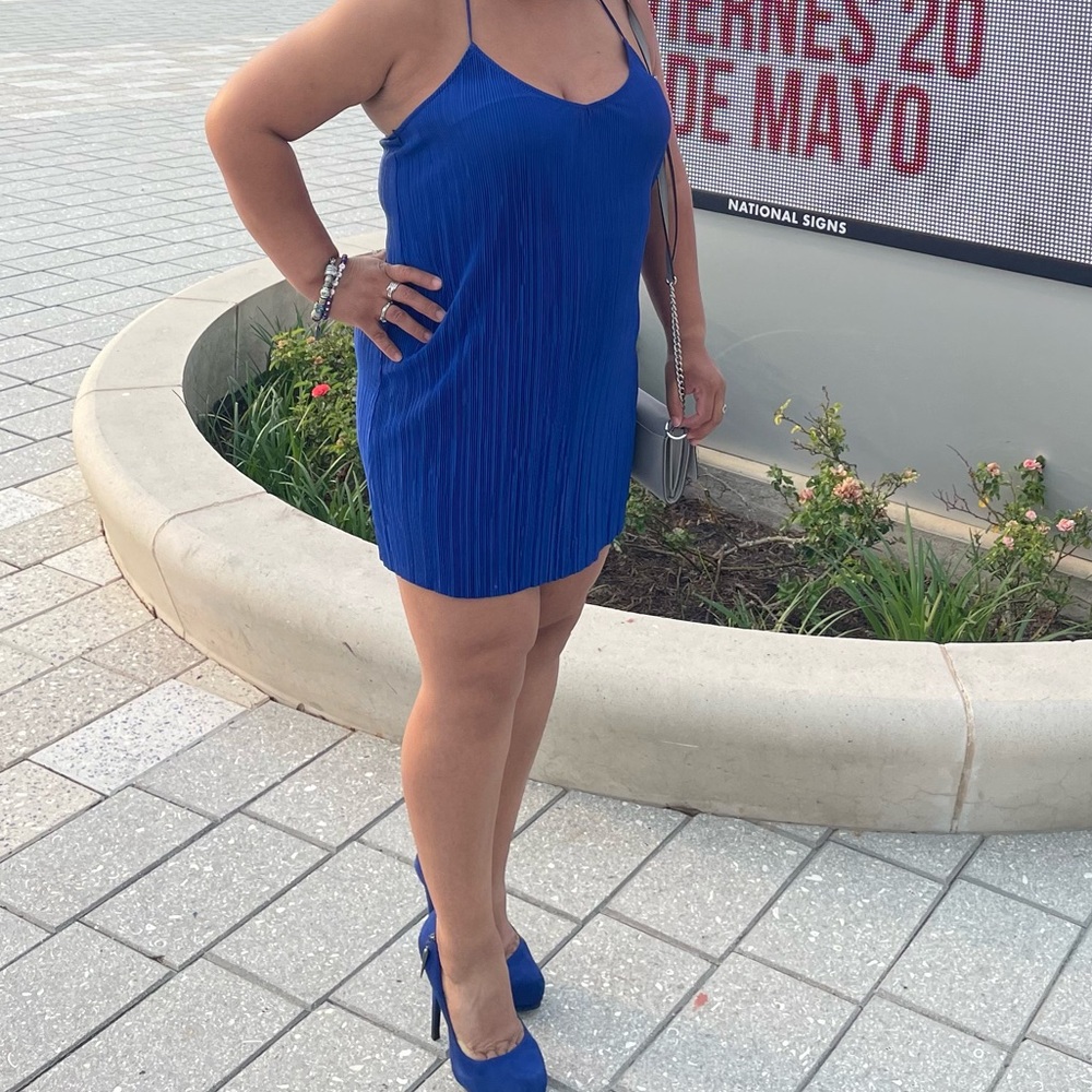 Pleated royal blue mini spaghetti strap dress